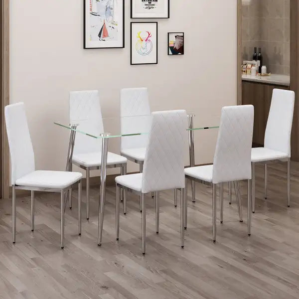 Rectangular Dining Table Set with 6 White Chairs - Tempered Glass Top & Silver Legs