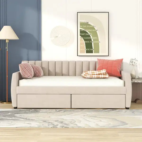 Twin Daybed with Storage Drawers & Beige Upholstery