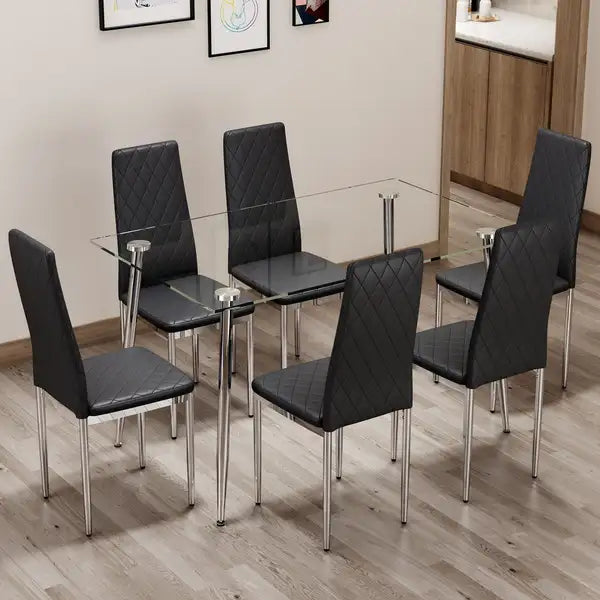 Rectangular Dining Table and 6 Chair Set - Tempered Glass Top, Silver Legs, Black Chairs