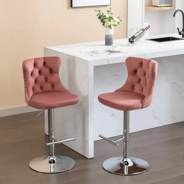 Pink Velvet Bar Stools, Adjustable Height, Chrome Base, Set of 2 - Minihomy