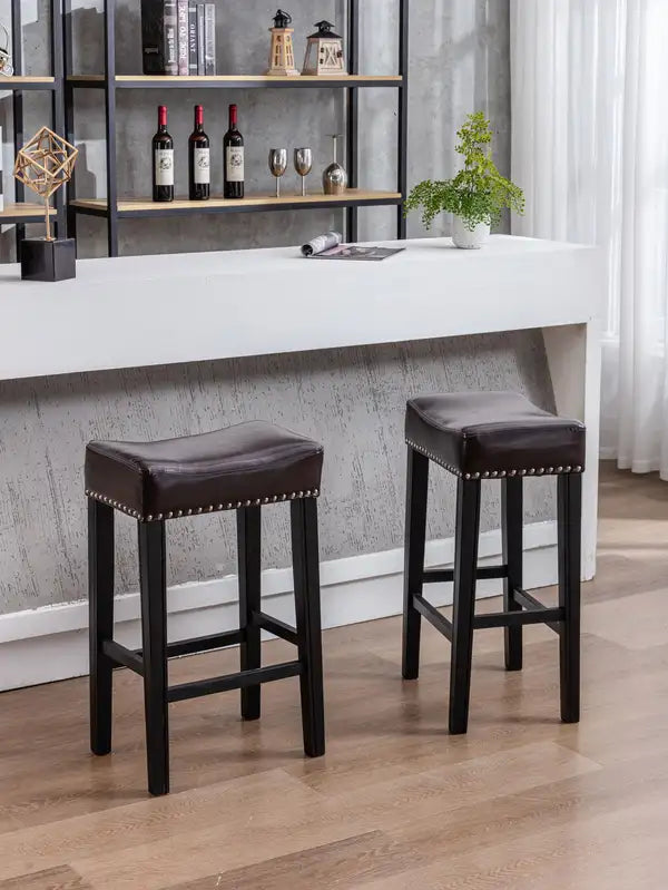 Farmhouse Counter Height Bar Stools (Set of 2), Brown Faux Leather, 29" - Minihomy