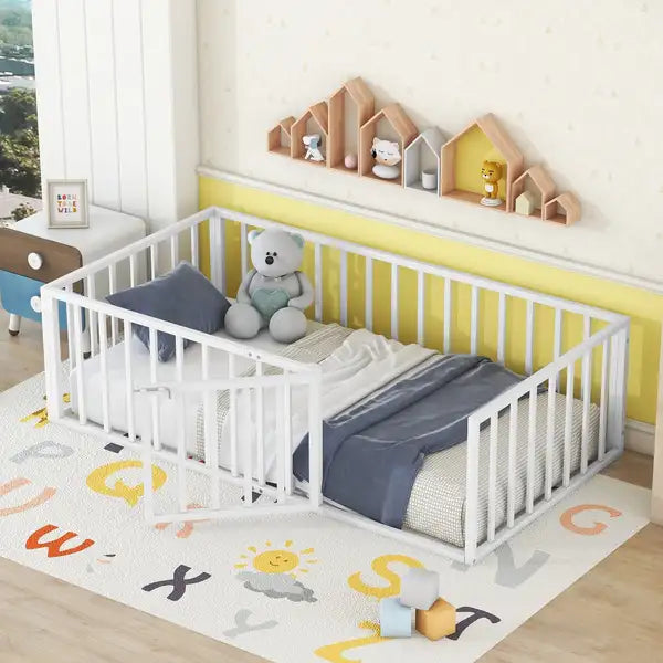 White Twin Metal Bed Frame with Safety Rail & Door - Kids Bed, Sturdy & Safe