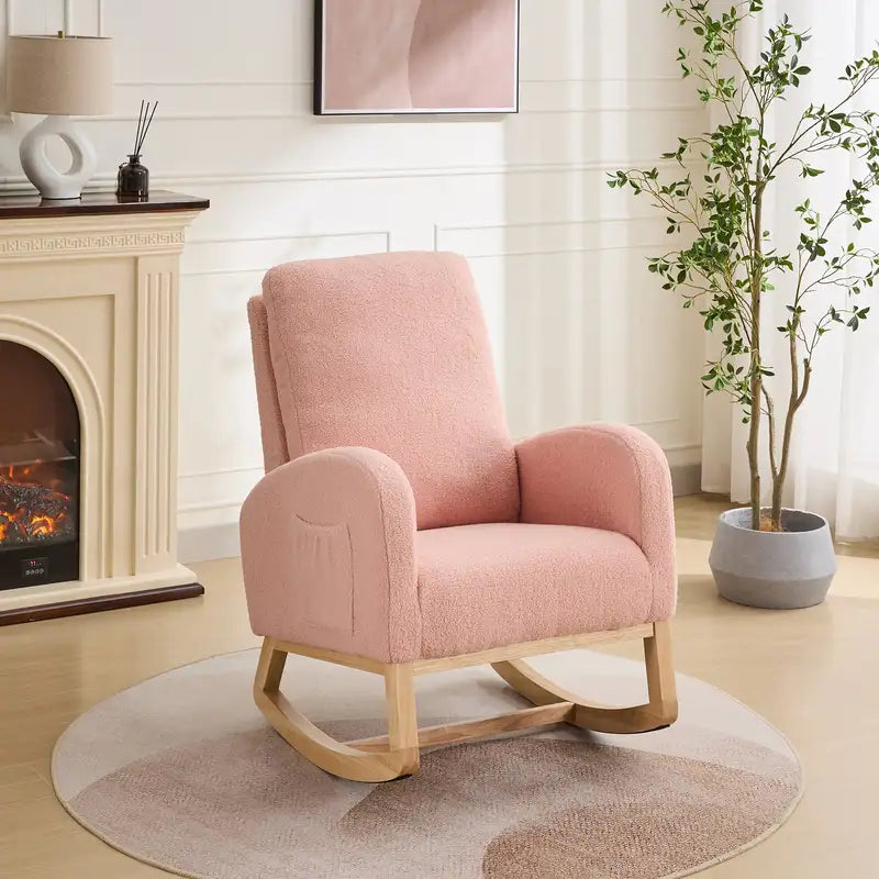 Pink Sherpa Rocking Glider Chair - Nursery Rocking Chair with Side Pocket