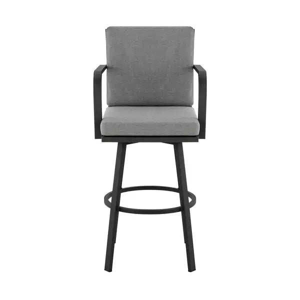 Faye Modern Patio Barstool - Black Aluminum Frame, Gray Cushions, 30 Inch - Minihomy