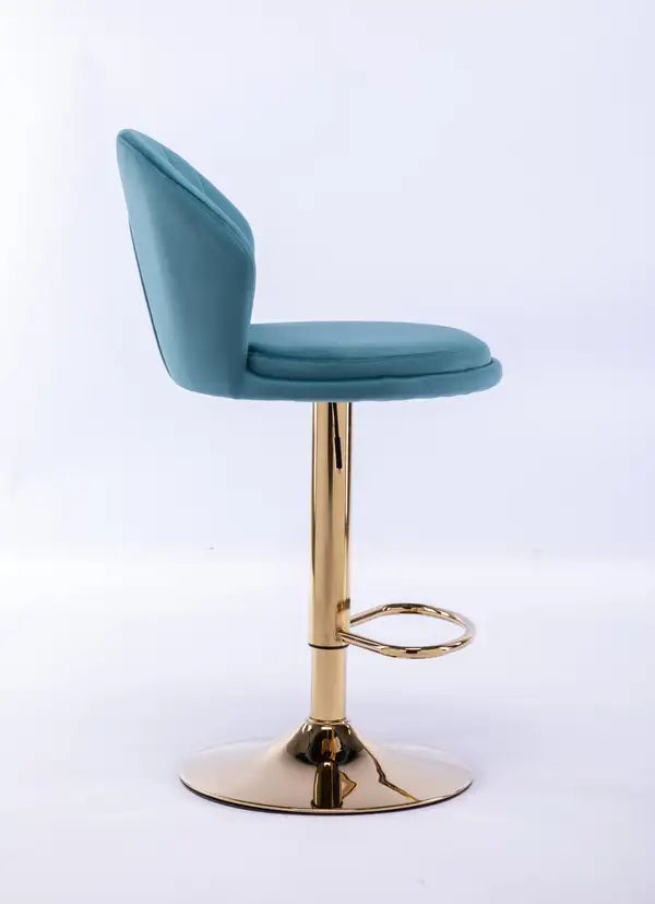 Adjustable Swivel Bar Stools (Set of 2) - Chrome Footrest, Velvet Upholstery, Golden Legs, Baby Blue - Minihomy