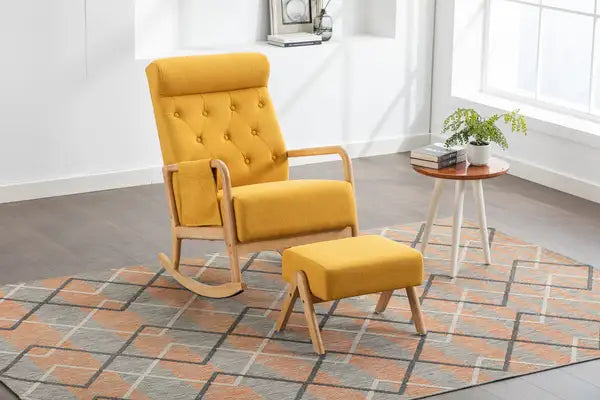 Mid-Century Modern Rocking Chair with Ottoman & Cushion - Living Room & Nursery