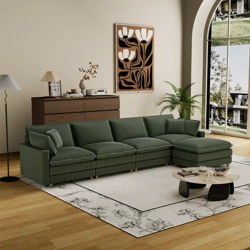 Green L-Shaped Sectional Sofa - Modern & Cozy, 4 Pillows