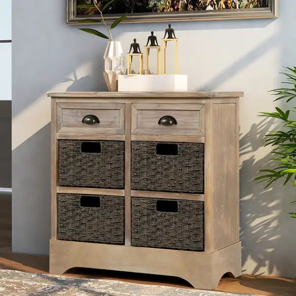 Rustic White Washed Storage Cabinet with Baskets & Drawers