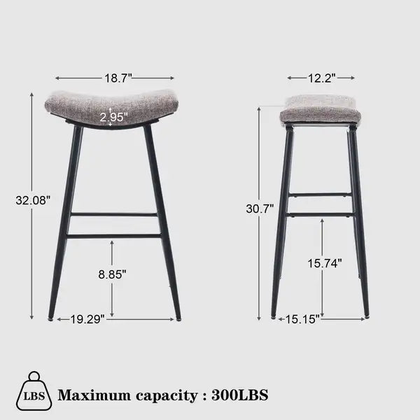 Counter Height Bar Stools Set of 2 - Linen Upholstered with Footrest - Dining Room Kitchen Island - Minihomy