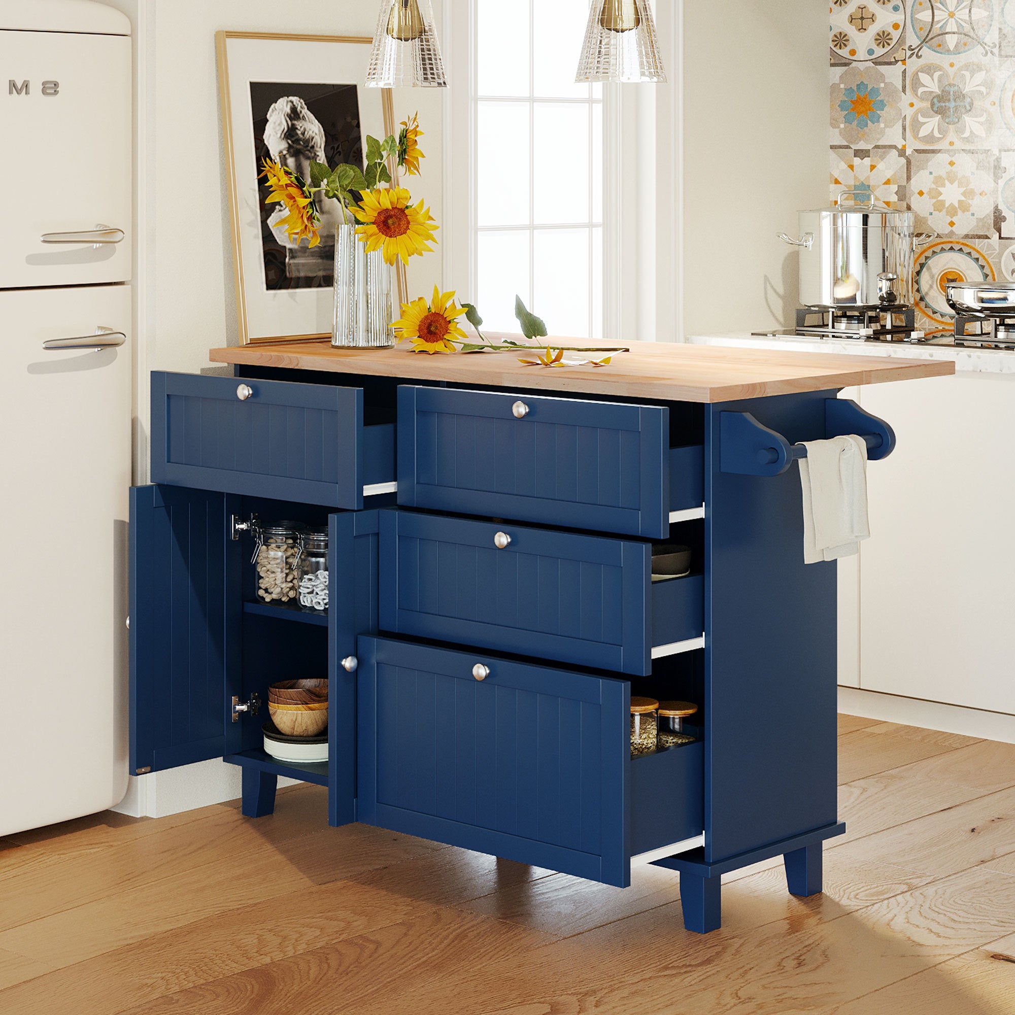 Farmhouse Kitchen Island Set with Drop Leaf, Storage, 2 Seats - Blue, Black, Brown