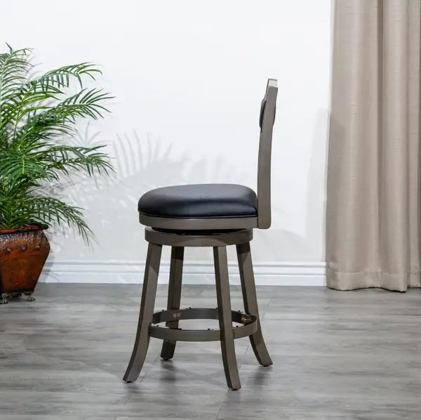 24" Weathered Gray Counter Height Swivel Stool with Black Leather Seat - Minihomy