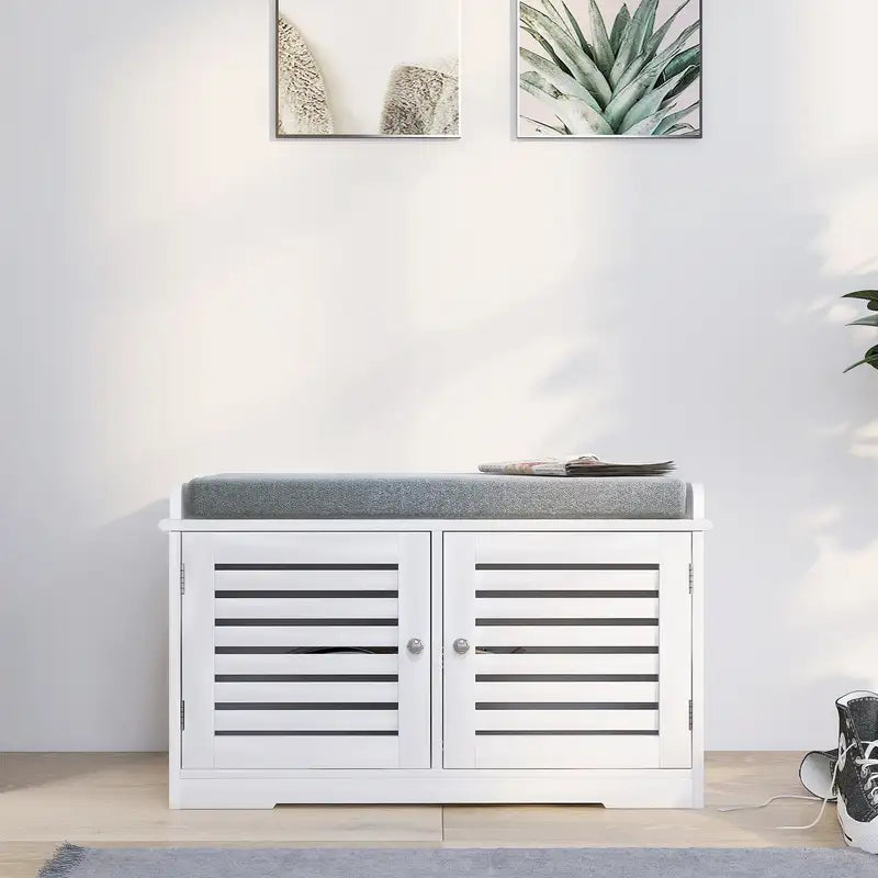 White Shoe Storage Bench with Padded Seat & Barn Doors