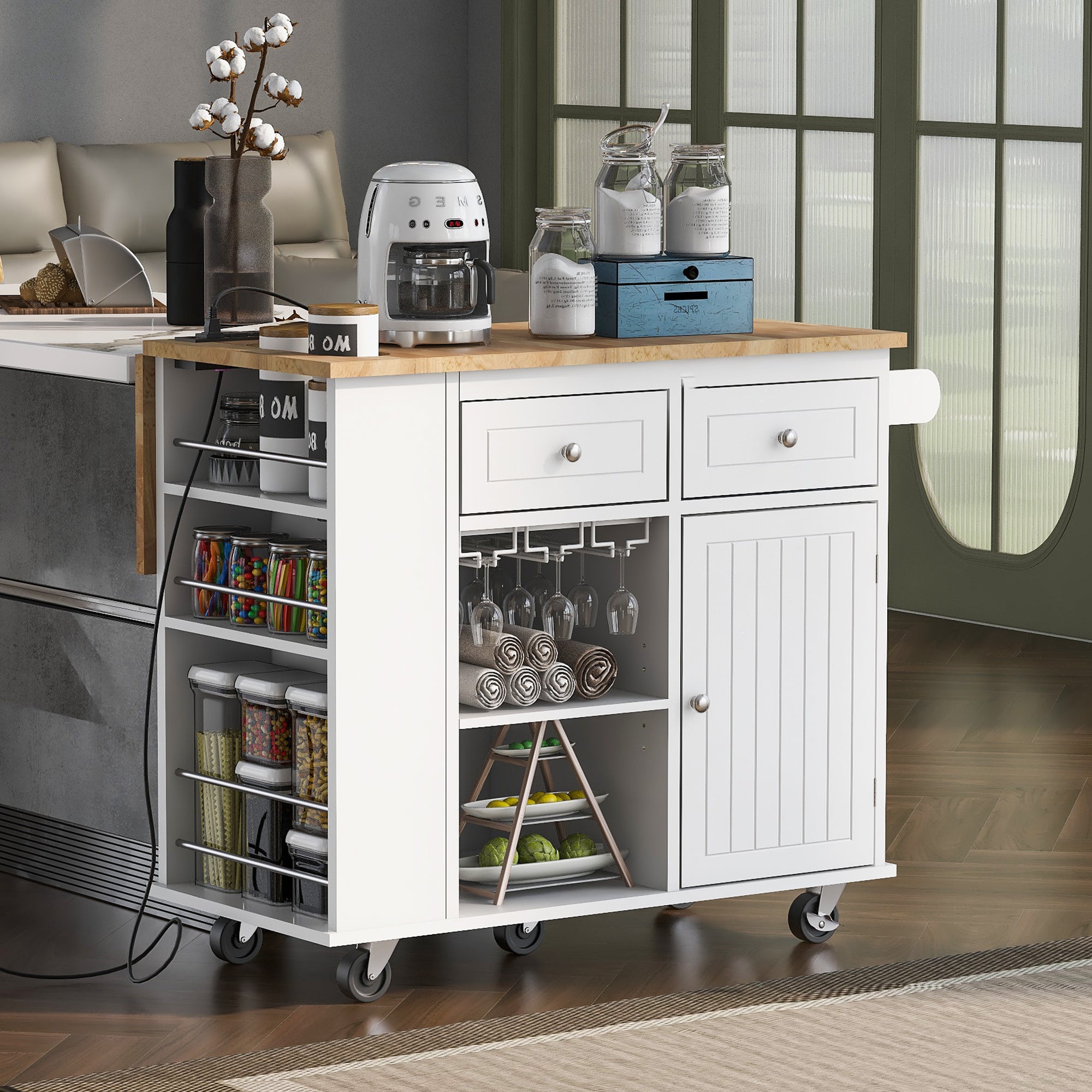 Kitchen Island with Power Outlet, Drop Leaf & Wine Rack, White - Adjustable Storage, 5 Wheels