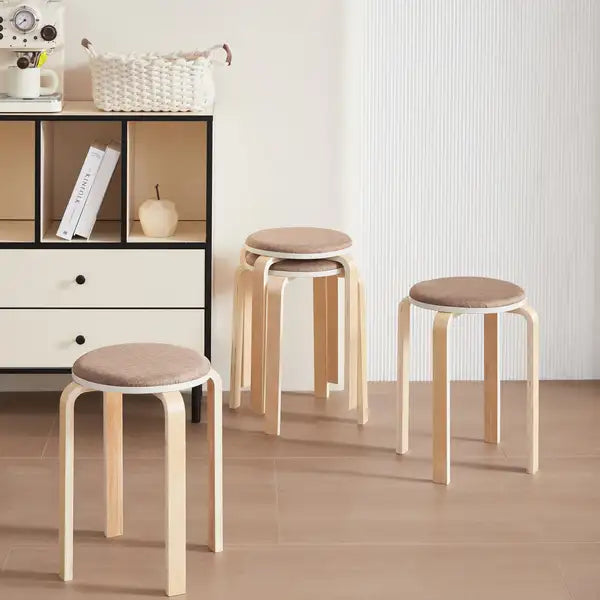 Stackable Stools (Set of 4) - Round Backless Chairs for Kitchen & Dining Room - Coffee