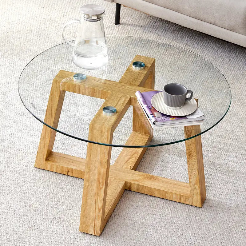 Modern Glass & Wood Coffee Table - Round, 31.5" - Living Room & Bedroom