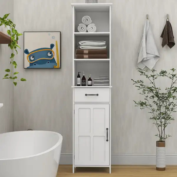 White Floor Cabinet: 1 Door, 1 Drawer Storage