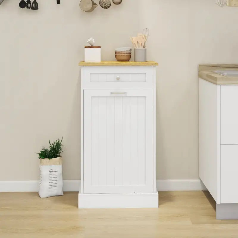 White Tilt-Out Kitchen Trash Cabinet with Drawer & Compartment