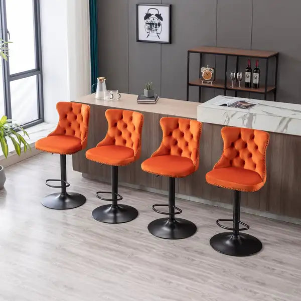 Orange Velvet Bar Stools Set of 2 - Adjustable Height, Tufted Back, Modern Kitchen Island Barstools - Minihomy