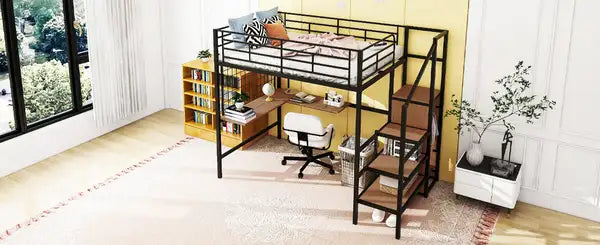 Full Size Metal Loft Bed with Desk, Storage Ladder & Wardrobe - Black - Minihomy