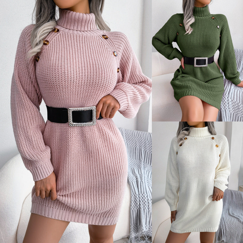 Winter Turtleneck Long Sweater Dress With Button Design Leisure Cinch Long Sleeve Base Sweater Women