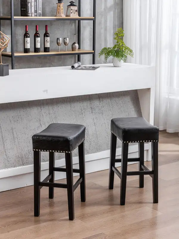 Black Farmhouse Counter Height Bar Stools (Set of 2) - 26" Backless Faux Leather Kitchen Island Chairs - Minihomy