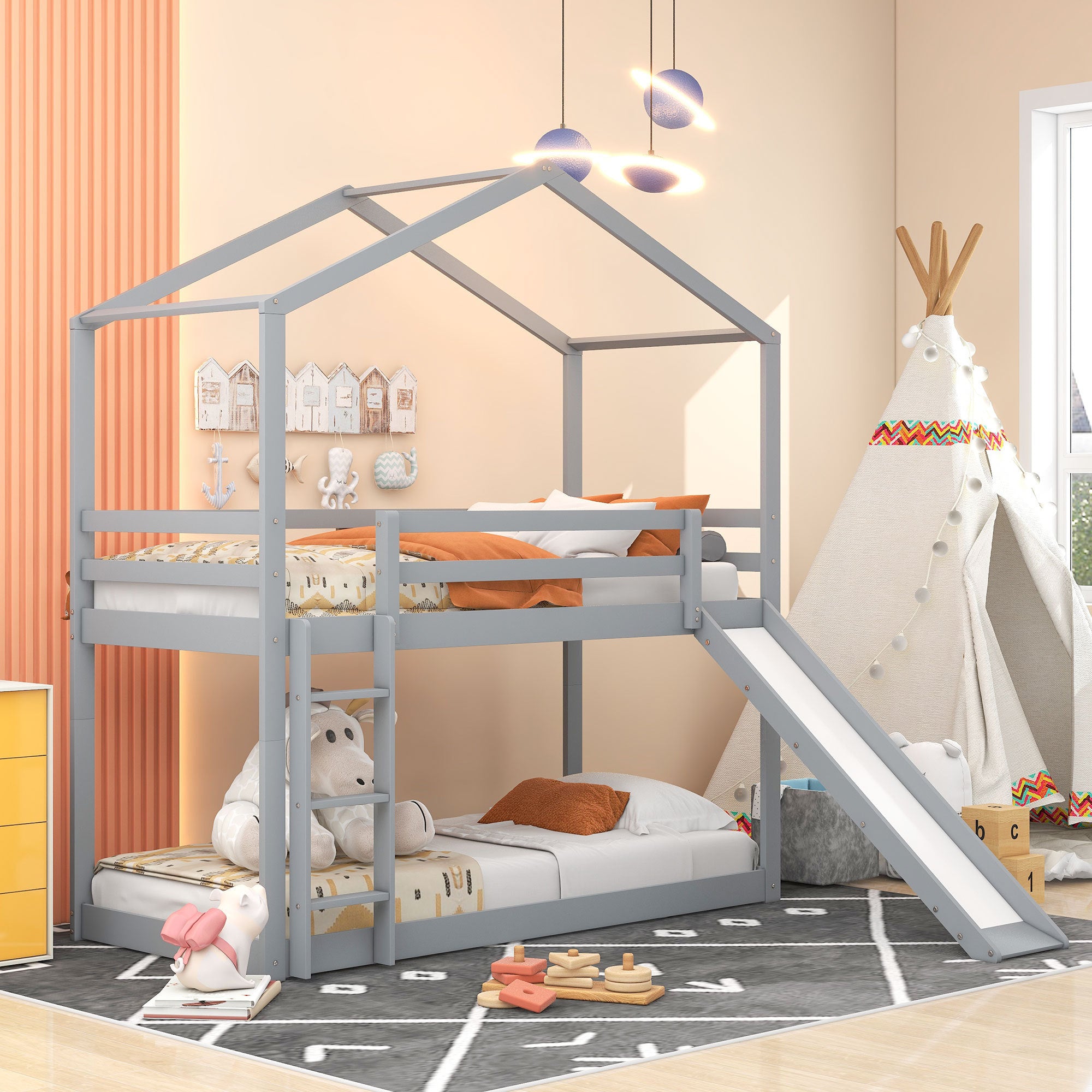 Twin Bunk Bed with Roof, Slide, Ladder - Gray for Kids