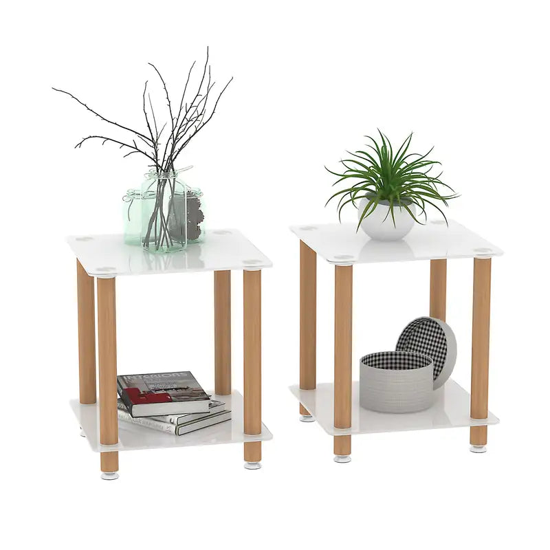 Modern White & Oak 2-Tier Side Table with Storage