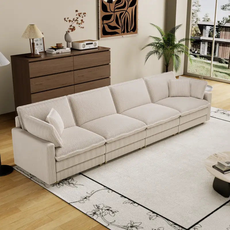 Beige Modular Sectional Sofa with 4 Pillows - Modern L-Shaped Couch