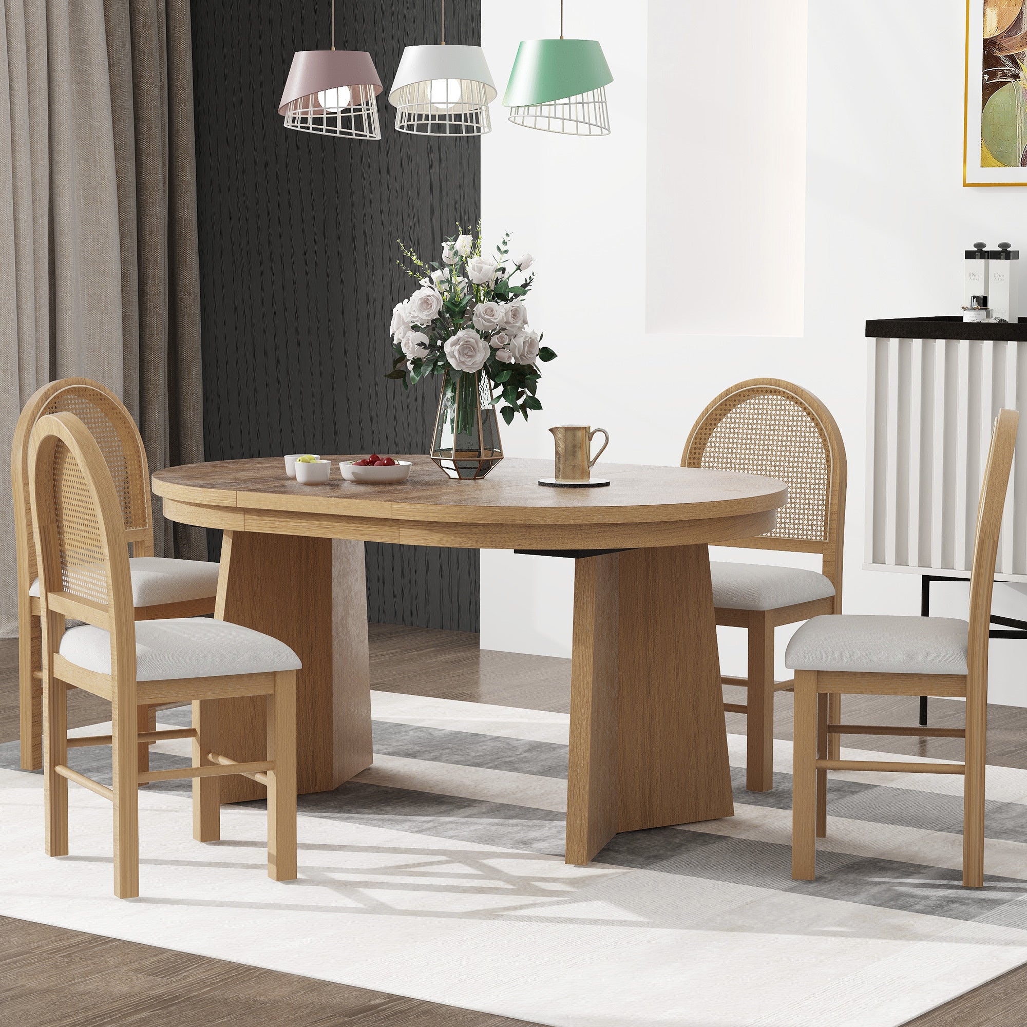 5-Piece Retro Dining Set with Extendable Table & Rattan Chairs (Natural Wood Wash)