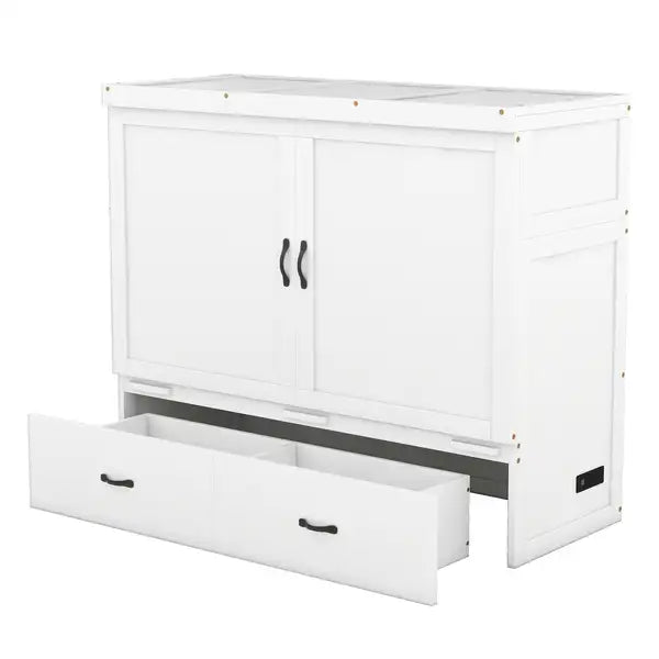 Full Size Murphy Bed with USB Port, Drawer & White Finish - Minihomy