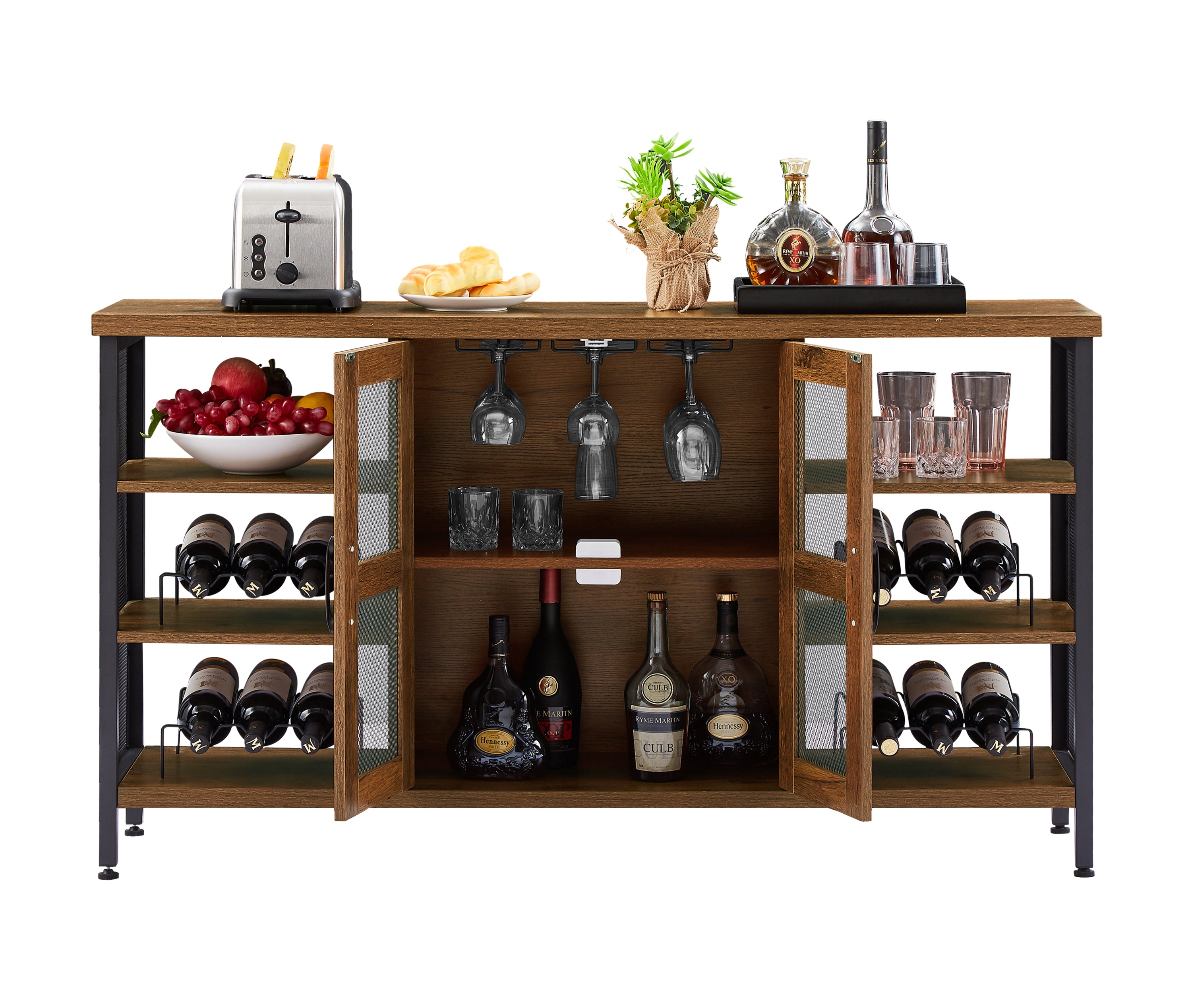 Wine Bar Cabinet, Liquor Storage Credenza, Sideboard with Wine Racks - Hazelnut Brown, 55.12''w