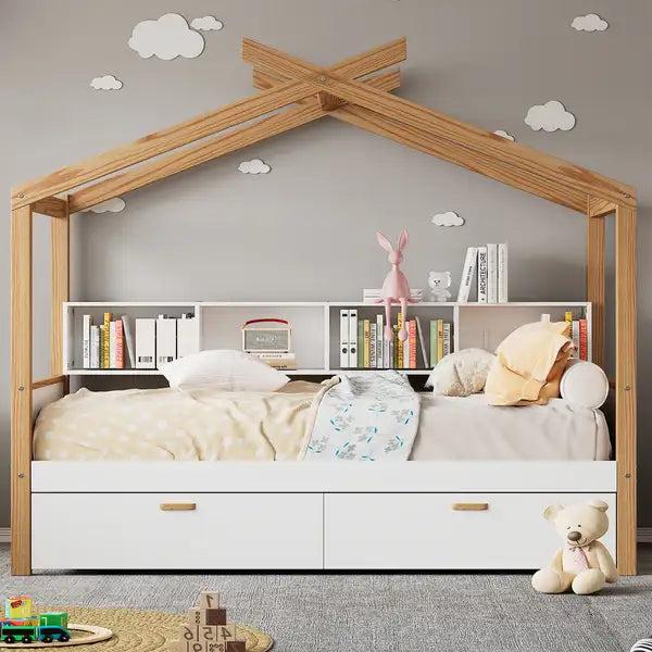 Twin Size Wooden House Bed with Storage - White & Natural Wood