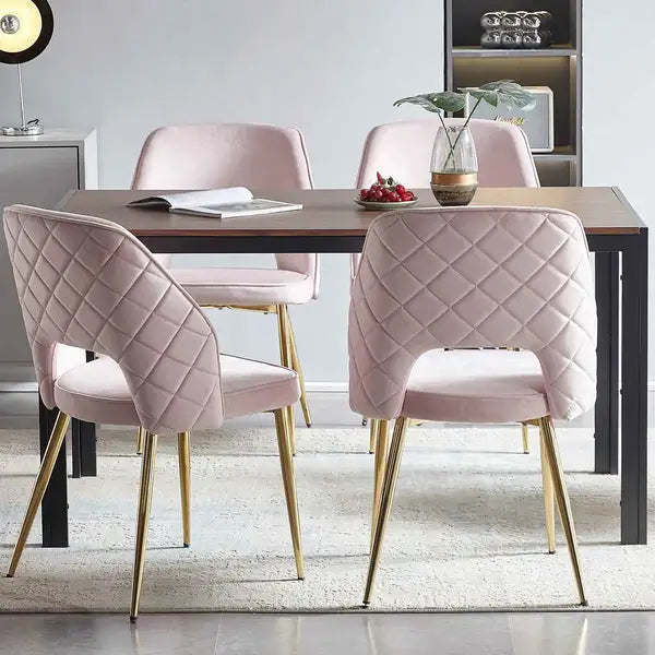 Pink Velvet Dining Chairs Set of 4 - Metal Legs & Hollow Back Upholstered