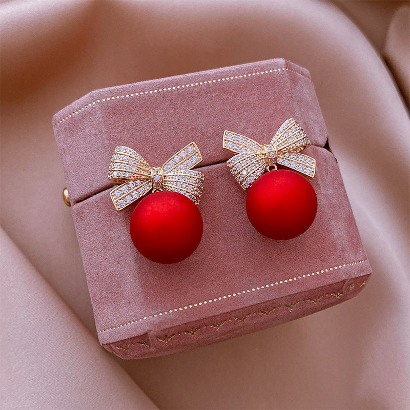 Female Bowknot Pearl Earrings Temperament Christmas