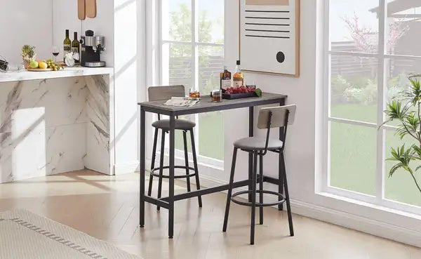 Grey Bar Table Set with 2 Stools, PU Soft Seat & Backrest, 43.31" L - Minihomy