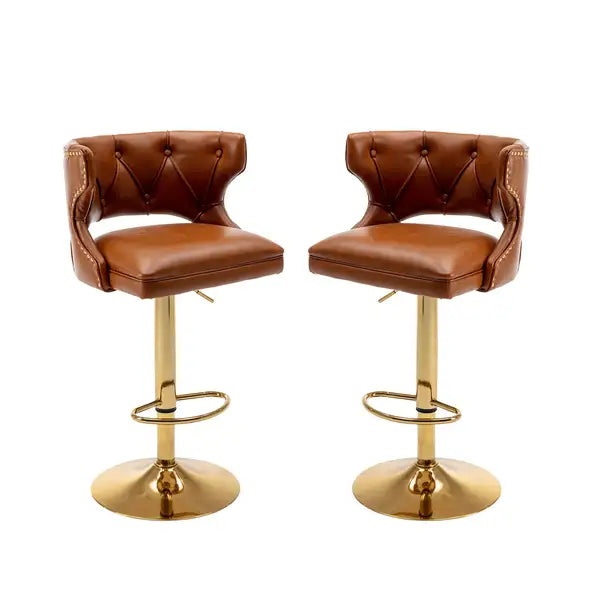 Brown Leather Bar Stools with Back & Footrest - Counter Height (Set of 2) - Minihomy