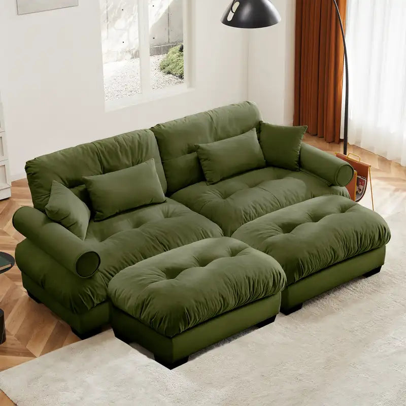 Oversized Olive Green Velvet Sofa & Ottoman Set