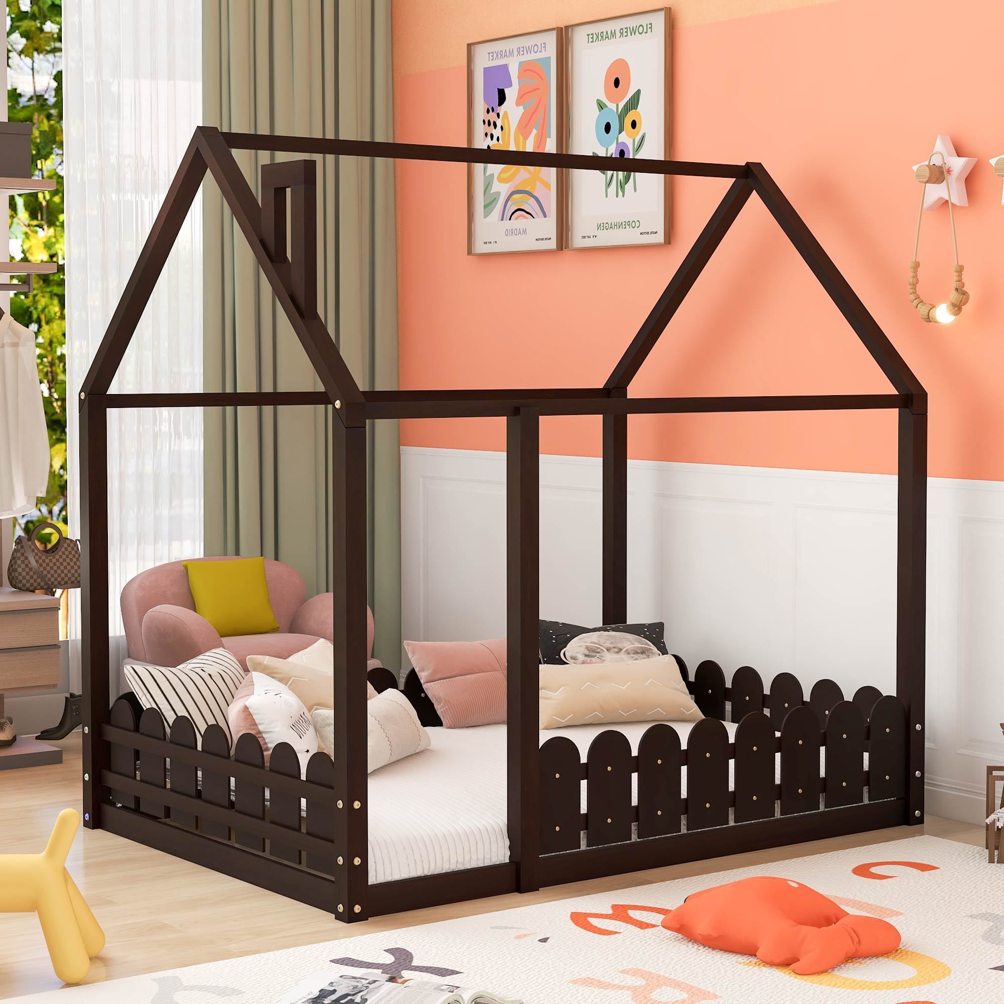 Full Size Wood Bed Frame with Fence for Kids & Teens (Espresso)