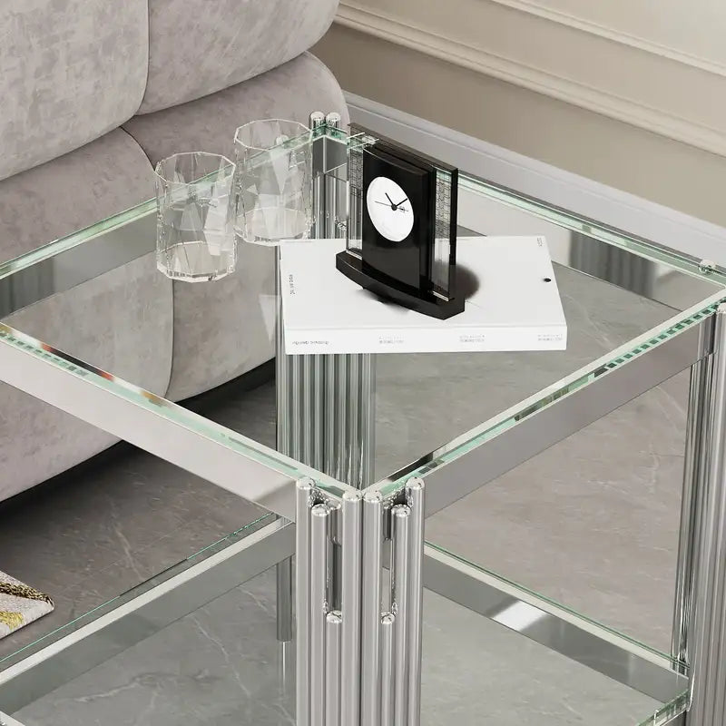 Modern End Table: Tempered Glass Top & Silver Steel Frame