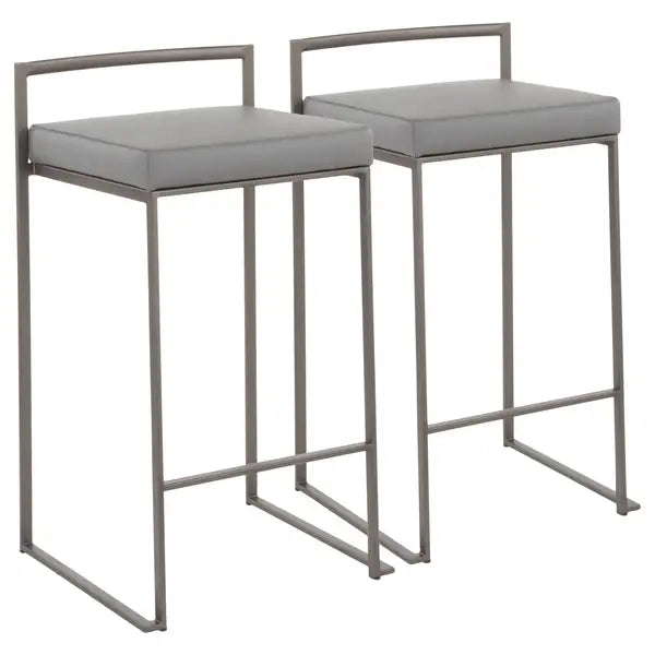 LumiSource Fuji Industrial Stackable Counter Stools, Antique with Grey Faux Leather Cushions (Set of 2)