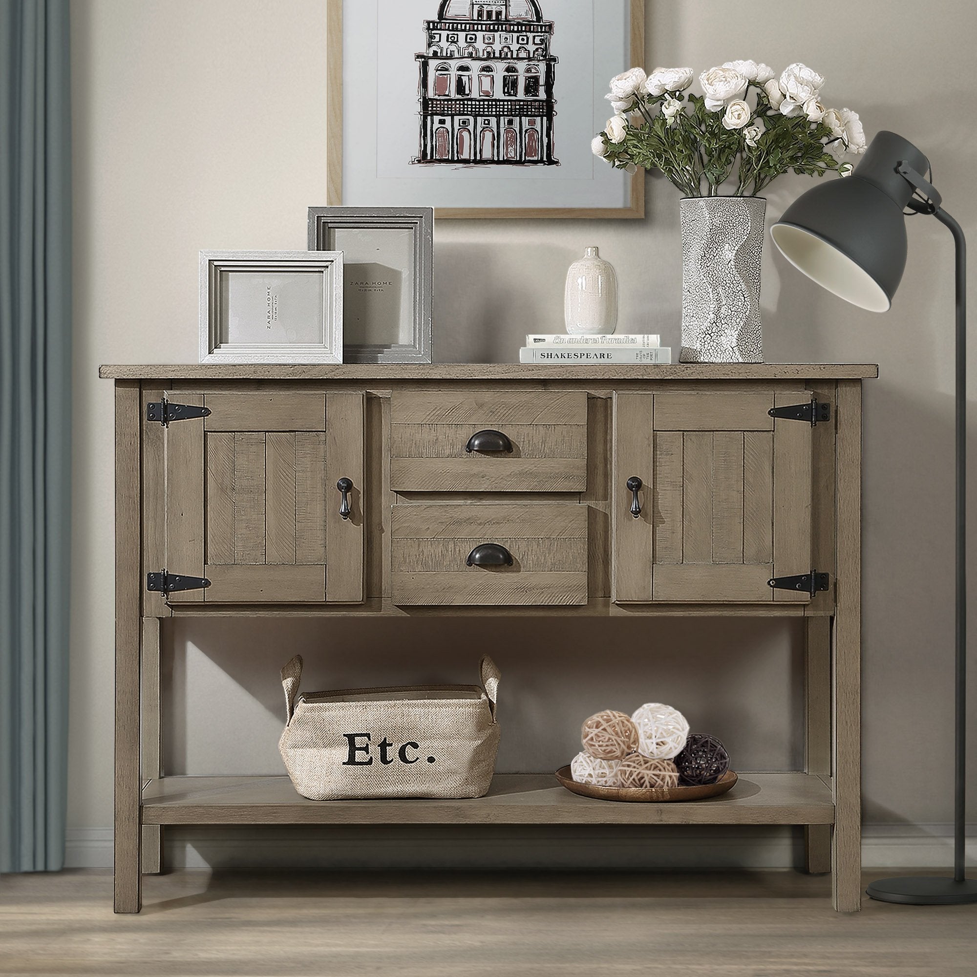 Rustic 48" Solid Wood Sideboard Console Table with Storage - 2 Drawers, Cabinets & Shelf