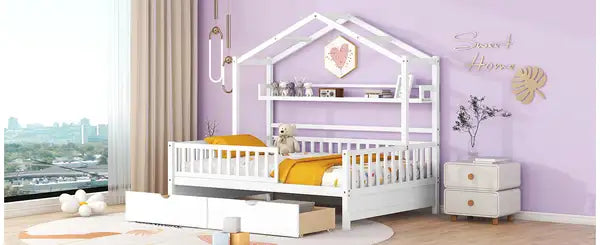 Full Size Wooden House Bed with Storage - White - Kids Bed with 2 Drawers - Minihomy