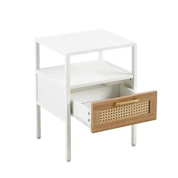 15.75" Rattan End table with  drawer, Modern nightstand, metal legs,side table for living room, bedroom,white(1 pc) - Minihomy