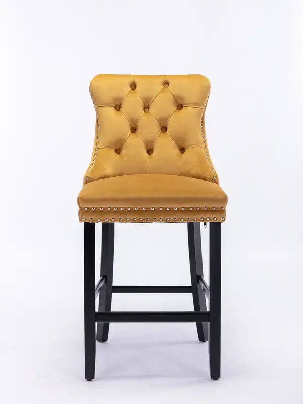 Set of 2 Golden Velvet Barstools with Button Tufted & Nailhead Trim - Leisure Style