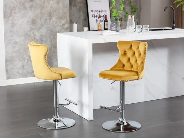 Gold Velvet Barstools Set of 2 - Adjustable Height, Tufted Back, Chrome Base for Kitchen Island - Minihomy