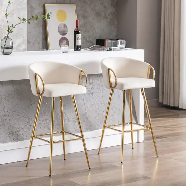 26 Inch Velvet Bar Stools Set of 2, Chrome Base & Footrest, Golden Legs, Cream - Minihomy