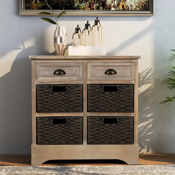 Rustic White Washed Storage Cabinet with Baskets & Drawers