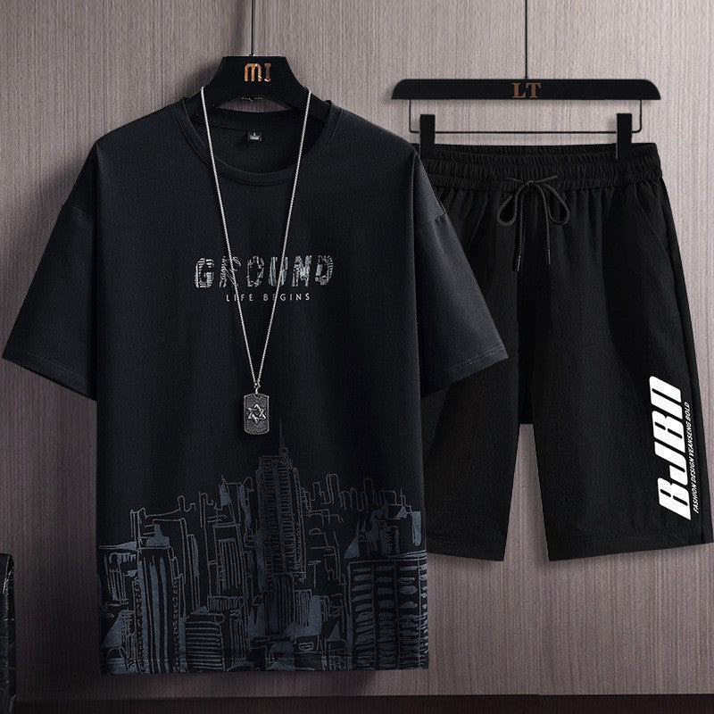 Men's Fashion Printed Short-sleeved T-shirt Shorts Sports Two-piece Set