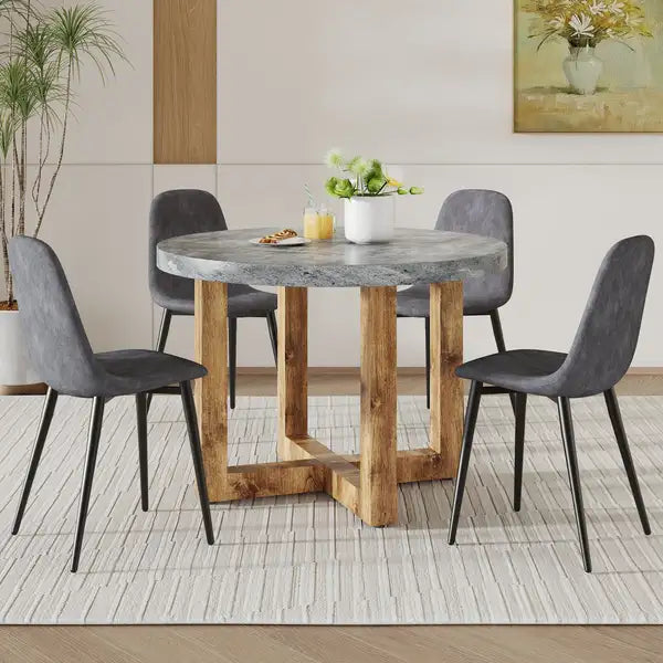 Modern Circular Dining Table Set with 4 Cushioned Chairs - MDF Top & Wooden Legs - CT-403 - Minihomy