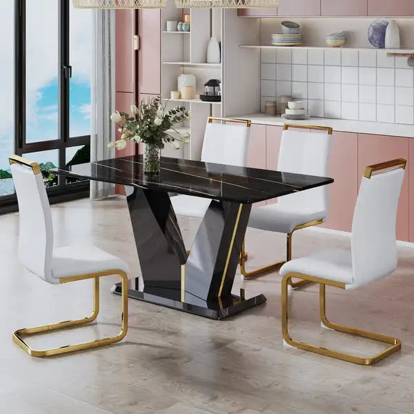 Modern Dining Table & Chair Set - Black Marble Glass Top, Comfortable PU Seats - Minihomy